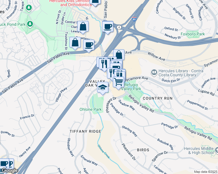 map of restaurants, bars, coffee shops, grocery stores, and more near 31 Sapphire Court in Hercules