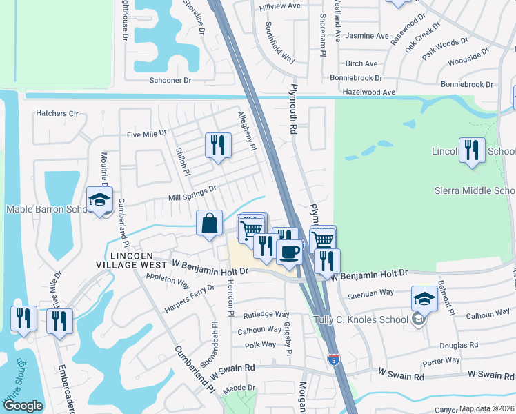 map of restaurants, bars, coffee shops, grocery stores, and more near 3286 Blue Ridge Circle in Stockton