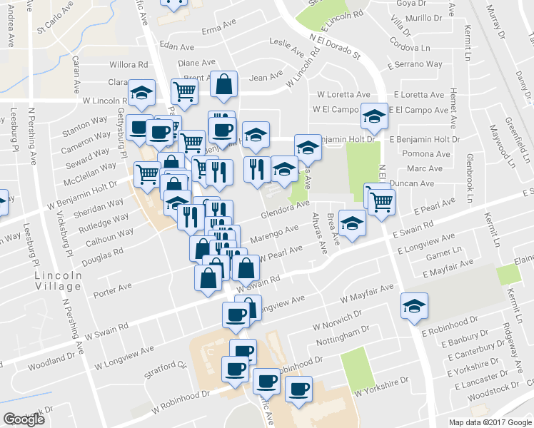 map of restaurants, bars, coffee shops, grocery stores, and more near 6301 Inglewood Avenue in Stockton