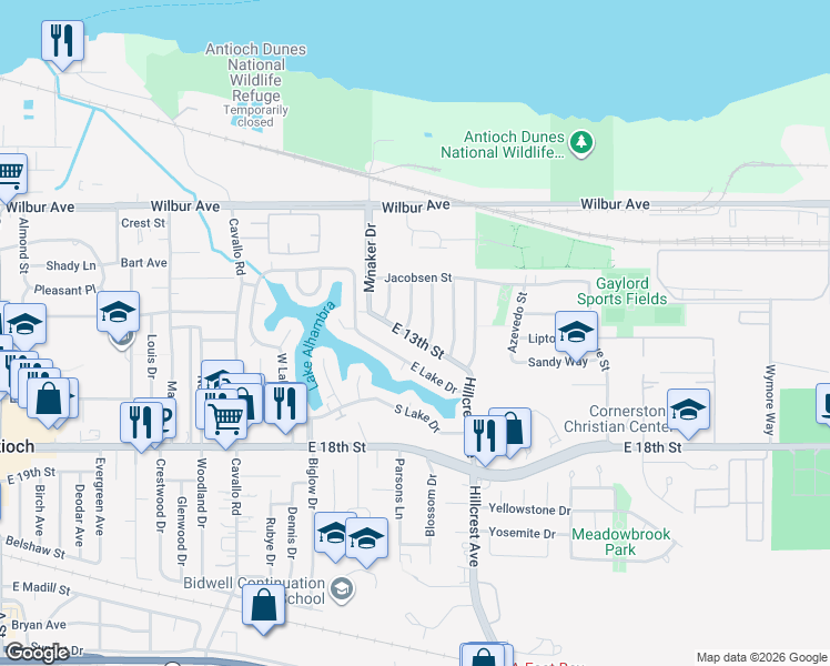 map of restaurants, bars, coffee shops, grocery stores, and more near 1105 East 13th Street in Antioch