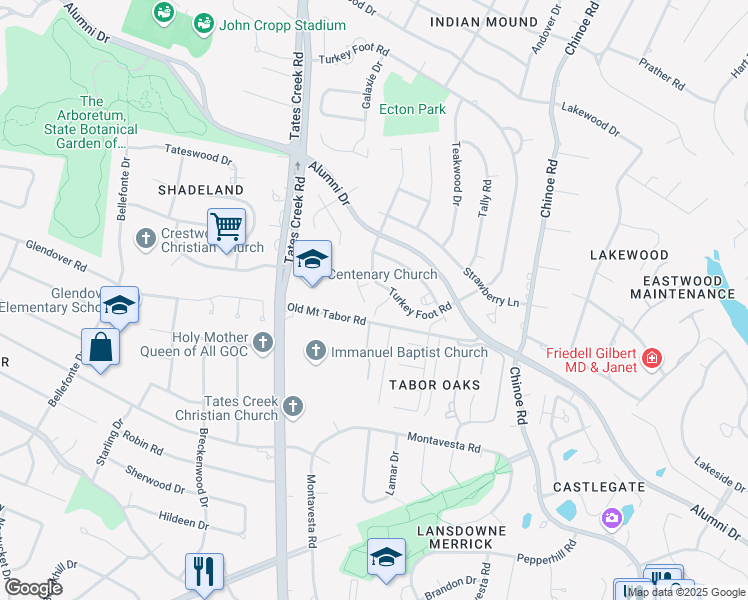 map of restaurants, bars, coffee shops, grocery stores, and more near 805 Turkey Foot Court in Lexington