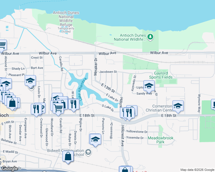 map of restaurants, bars, coffee shops, grocery stores, and more near 1105 East 13th Street in Antioch