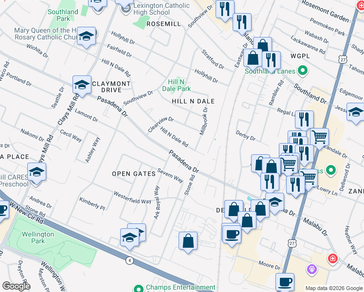 map of restaurants, bars, coffee shops, grocery stores, and more near 249 Hill N Dale Road in Lexington
