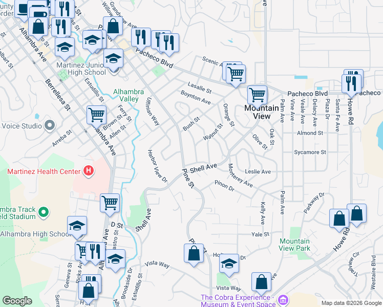 map of restaurants, bars, coffee shops, grocery stores, and more near 2224 Tacoma Avenue in Martinez