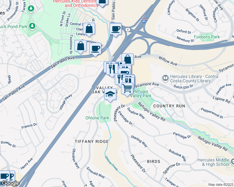 map of restaurants, bars, coffee shops, grocery stores, and more near 31 Sapphire Court in Hercules