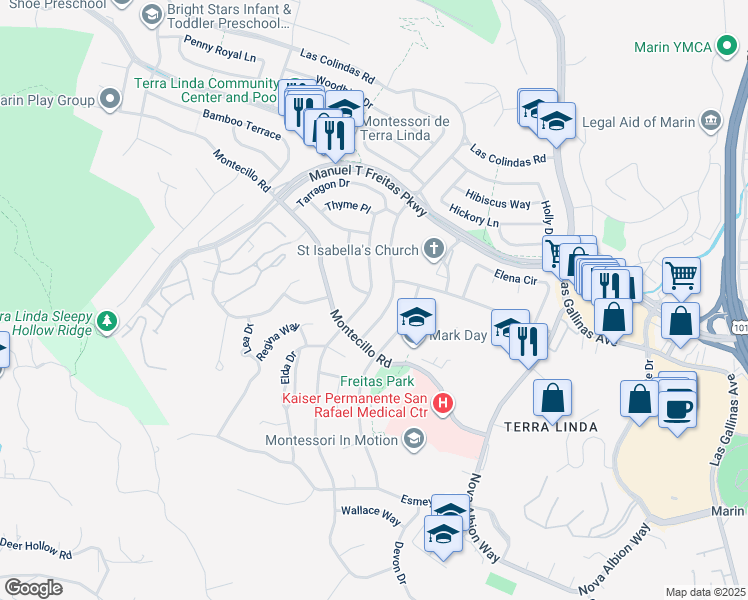 map of restaurants, bars, coffee shops, grocery stores, and more near 607 Tamarack Drive in San Rafael
