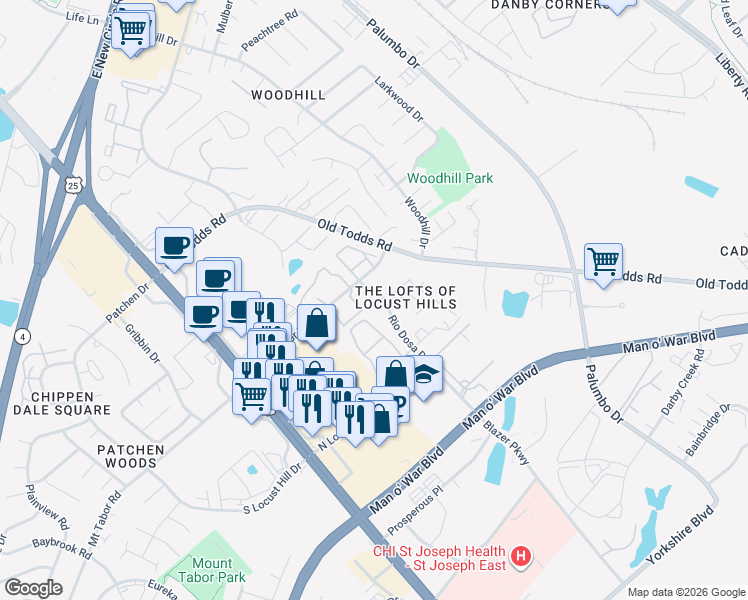 map of restaurants, bars, coffee shops, grocery stores, and more near 2880 Rio Dosa Drive in Lexington