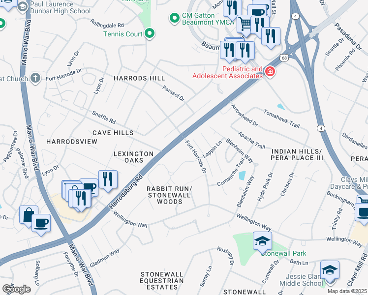 map of restaurants, bars, coffee shops, grocery stores, and more near 1992 Fort Harrods Drive in Lexington