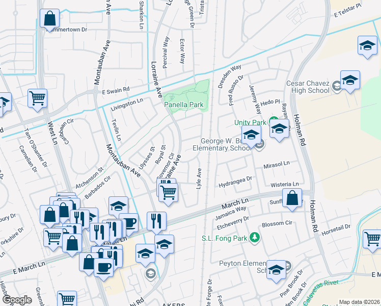 map of restaurants, bars, coffee shops, grocery stores, and more near 2338 Expresso Court in Stockton