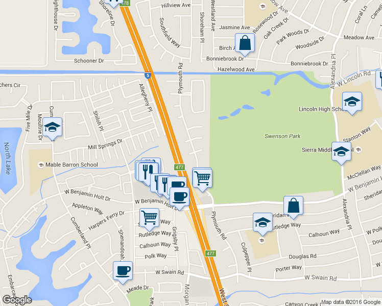 map of restaurants, bars, coffee shops, grocery stores, and more near 2929 Cushing Court in Stockton