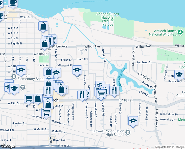 map of restaurants, bars, coffee shops, grocery stores, and more near 1310 Noia Avenue in Antioch