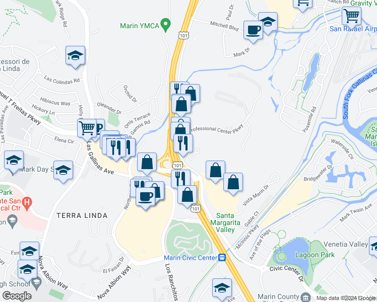 map of restaurants, bars, coffee shops, grocery stores, and more near 4100 Redwood Highway in San Rafael