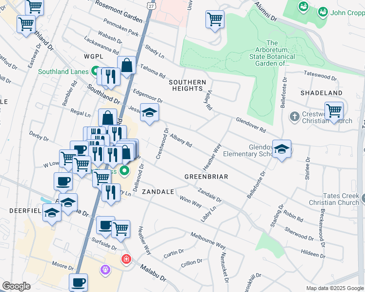 map of restaurants, bars, coffee shops, grocery stores, and more near 226 Albany Road in Lexington