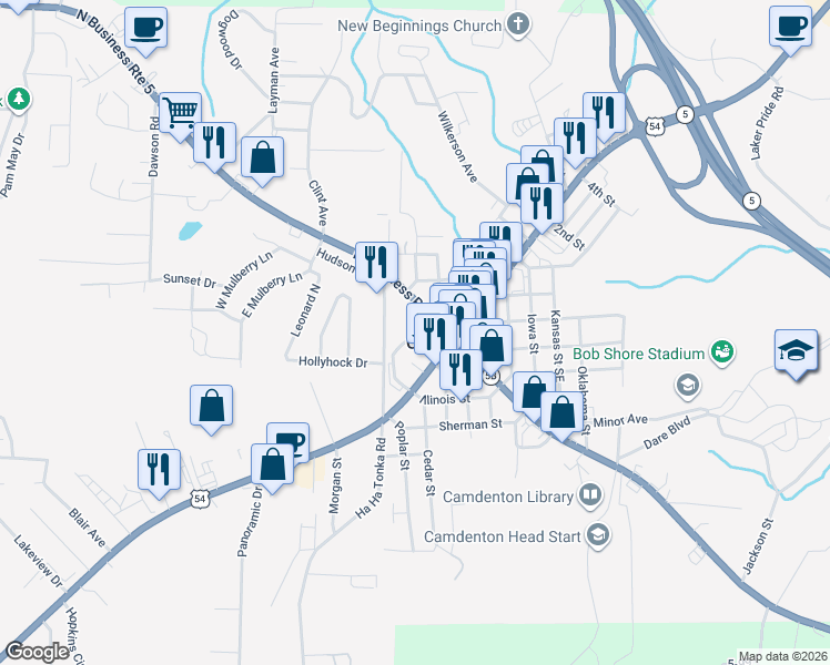 map of restaurants, bars, coffee shops, grocery stores, and more near 234 Ha Ha Tonka Cut Thru in Camdenton