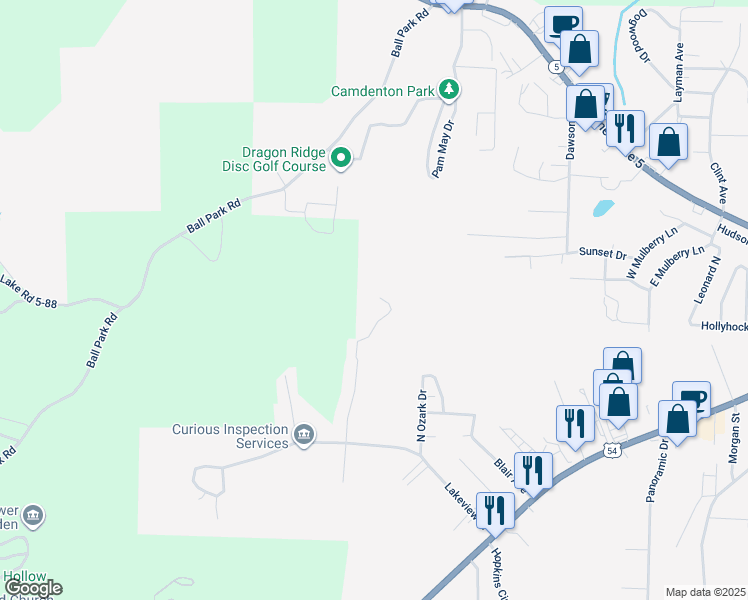 map of restaurants, bars, coffee shops, grocery stores, and more near 405 North High Street in Camdenton