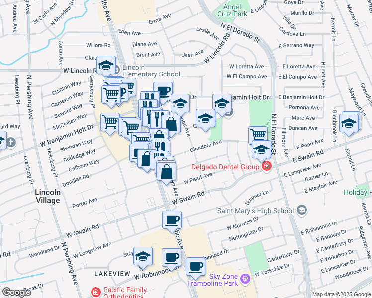 map of restaurants, bars, coffee shops, grocery stores, and more near 443 Glendora Avenue in Stockton