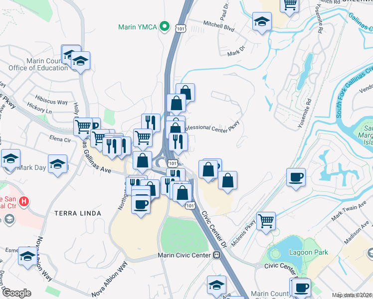 map of restaurants, bars, coffee shops, grocery stores, and more near 100 Marin Center Drive in San Rafael
