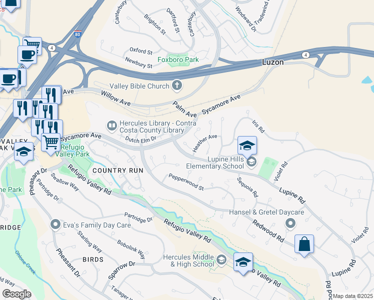map of restaurants, bars, coffee shops, grocery stores, and more near 112 Aster Court in Hercules