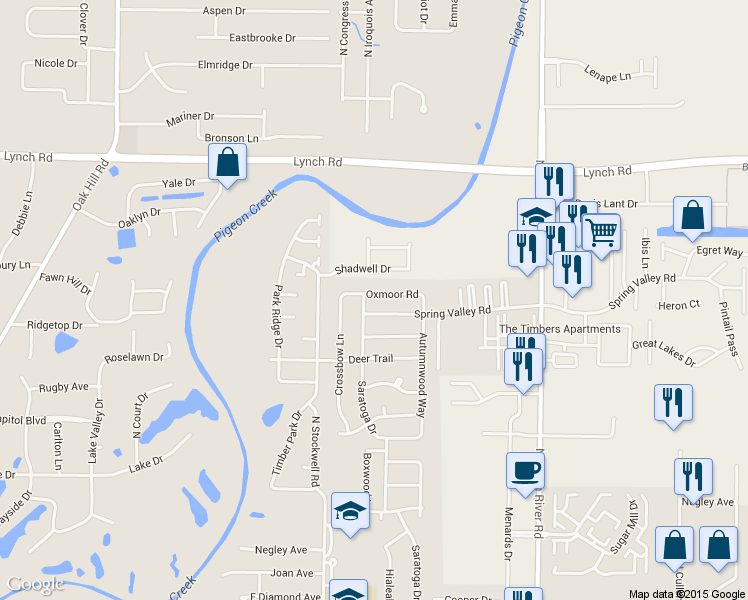 map of restaurants, bars, coffee shops, grocery stores, and more near 4105 Oxmoor Rd in Evansville