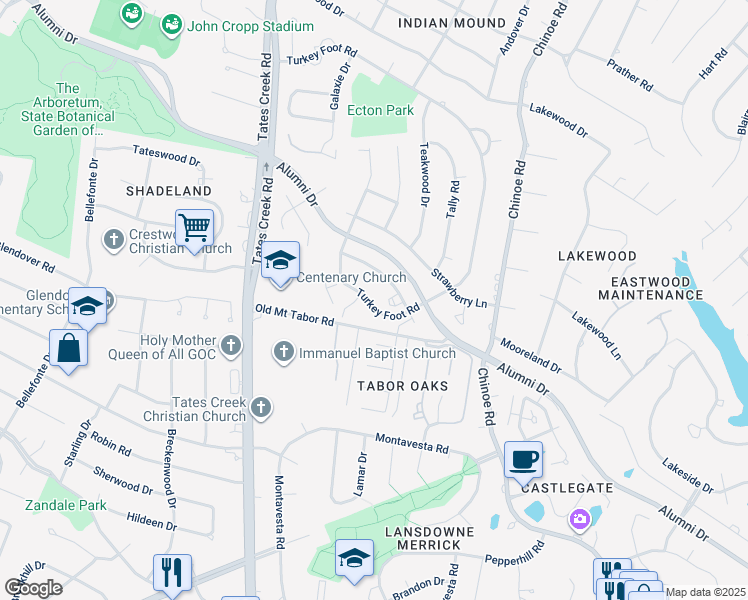 map of restaurants, bars, coffee shops, grocery stores, and more near 1120 Turkey Foot Road in Lexington