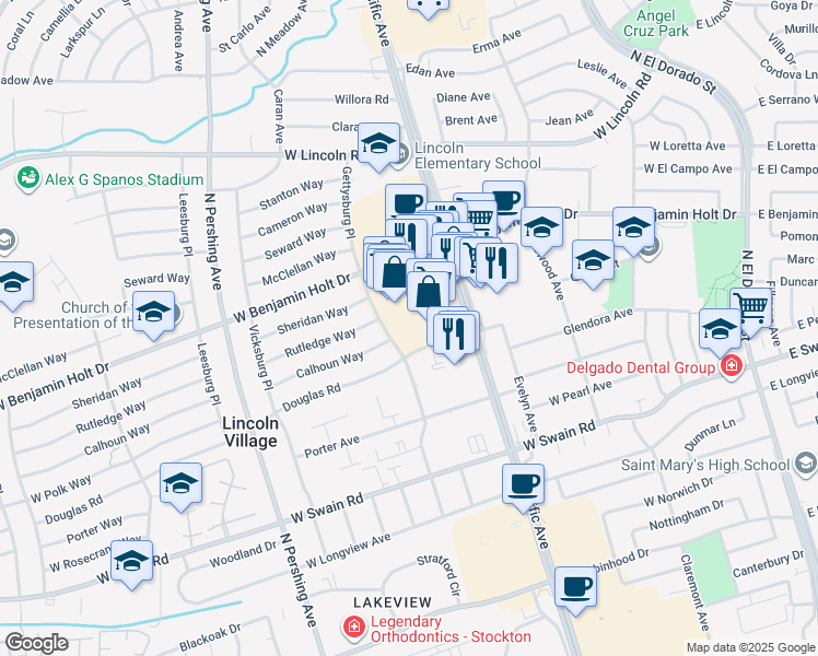 map of restaurants, bars, coffee shops, grocery stores, and more near 6455 Pacific Avenue in Stockton