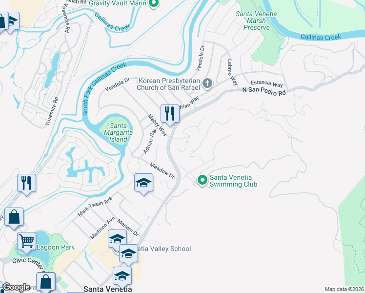 map of restaurants, bars, coffee shops, grocery stores, and more near 8 Cresthaven Drive in San Rafael
