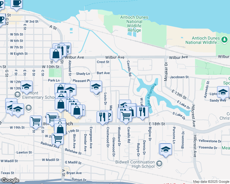 map of restaurants, bars, coffee shops, grocery stores, and more near 1310 Noia Avenue in Antioch