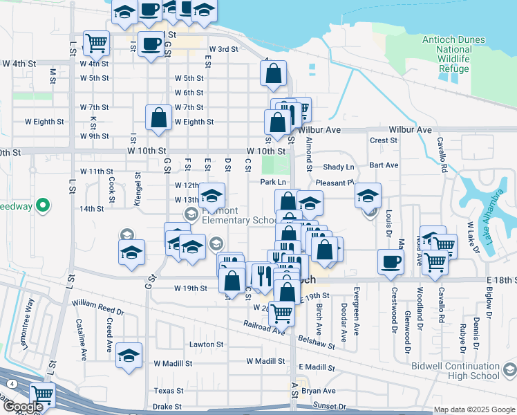 map of restaurants, bars, coffee shops, grocery stores, and more near 1310 B Street in Antioch