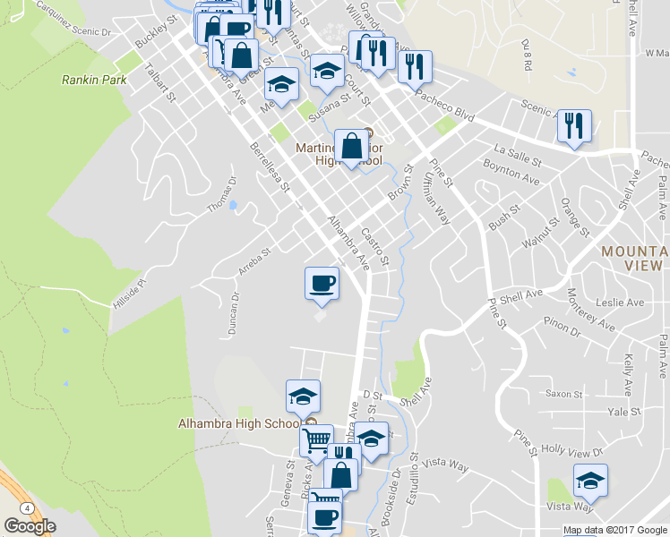 map of restaurants, bars, coffee shops, grocery stores, and more near 326 Allen Street in Martinez