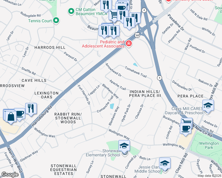 map of restaurants, bars, coffee shops, grocery stores, and more near 3072 Blenheim Way in Lexington