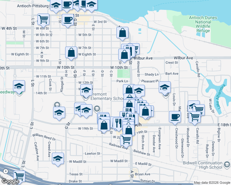 map of restaurants, bars, coffee shops, grocery stores, and more near 1310 B Street in Antioch