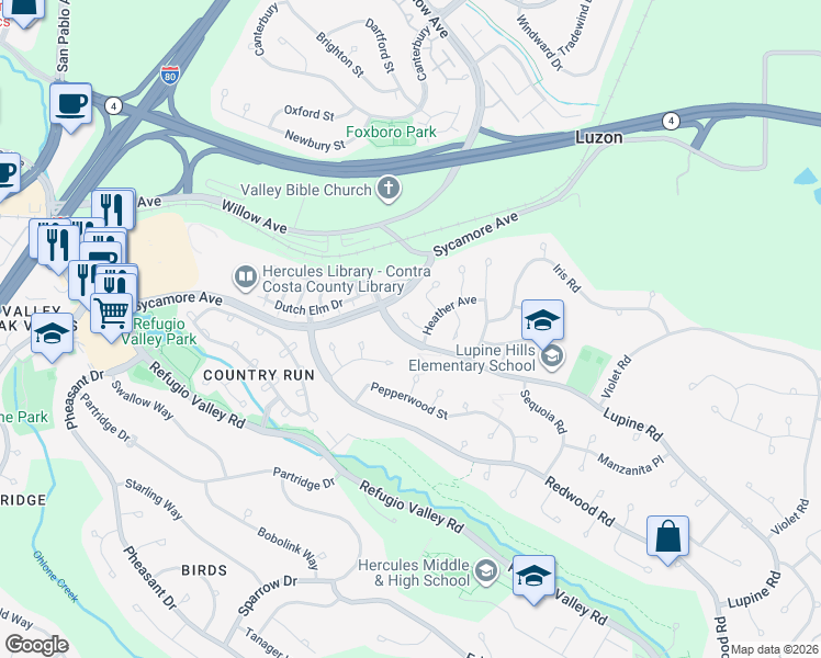 map of restaurants, bars, coffee shops, grocery stores, and more near 112 Aster Court in Hercules