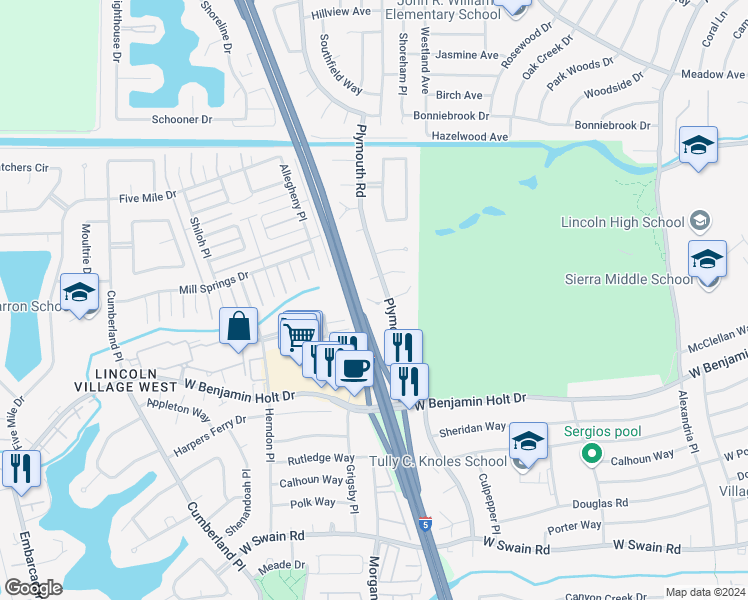 map of restaurants, bars, coffee shops, grocery stores, and more near 2925 Cushing Court in Stockton