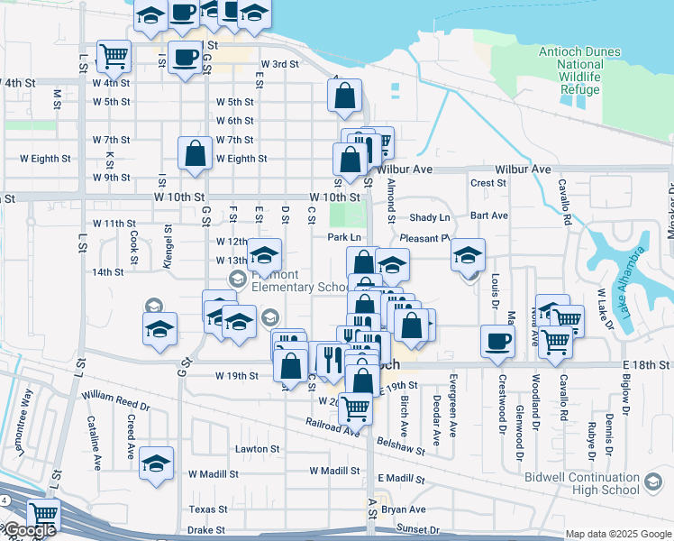 map of restaurants, bars, coffee shops, grocery stores, and more near 1311 B Street in Antioch