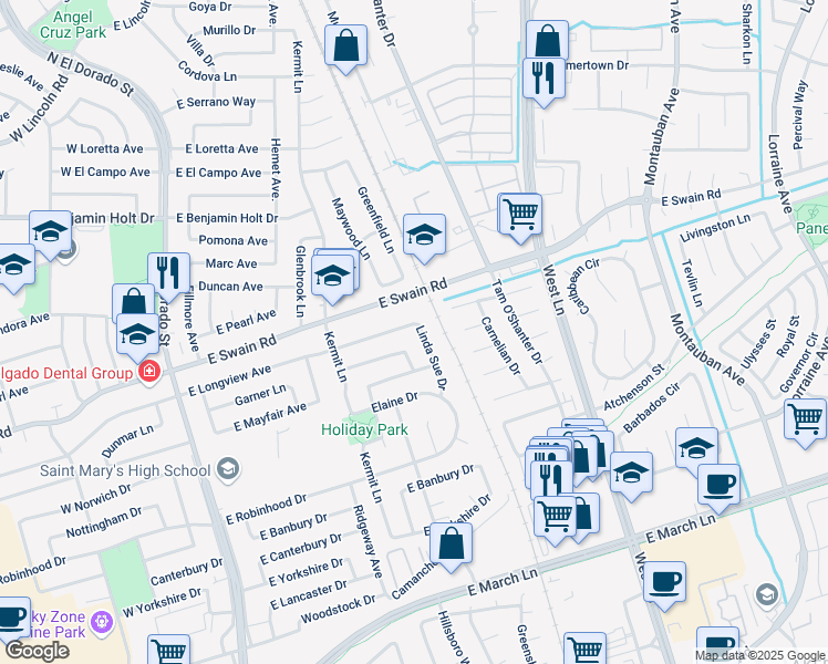 map of restaurants, bars, coffee shops, grocery stores, and more near 824 East Longview Avenue in Stockton