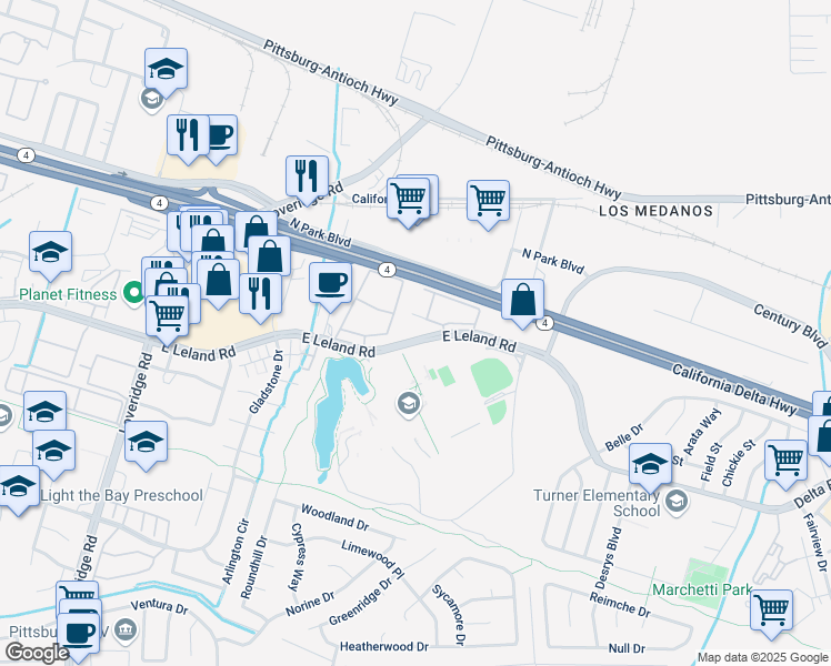 map of restaurants, bars, coffee shops, grocery stores, and more near 2208 East Leland Road in Pittsburg