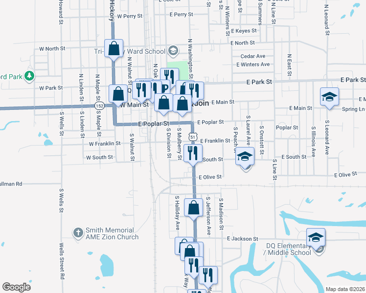 map of restaurants, bars, coffee shops, grocery stores, and more near 205-241 South Washington Street in Du Quoin