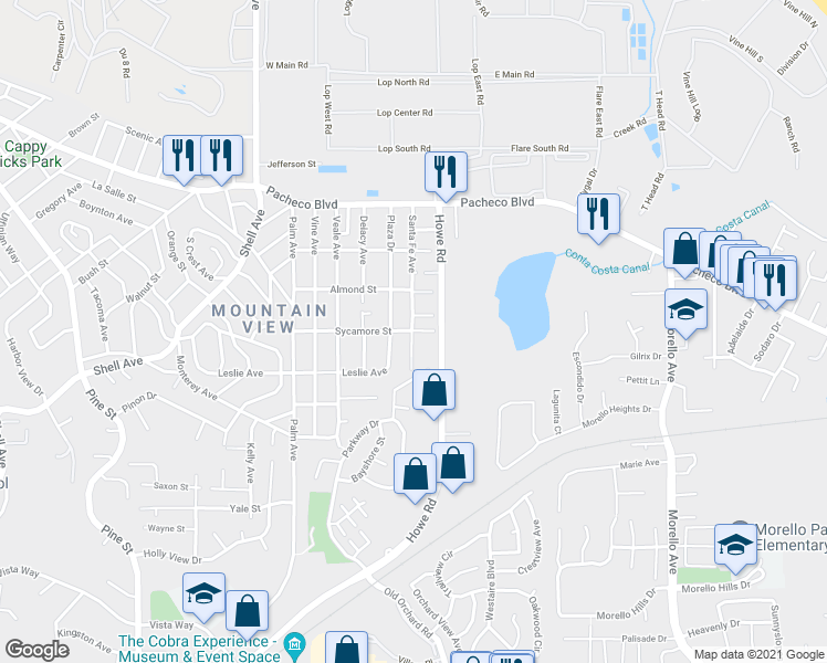 map of restaurants, bars, coffee shops, grocery stores, and more near Santa Fe Ave & Sycamore St in Martinez