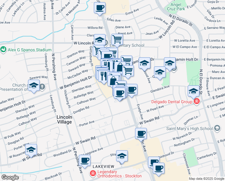 map of restaurants, bars, coffee shops, grocery stores, and more near 6455 Pacific Avenue in Stockton