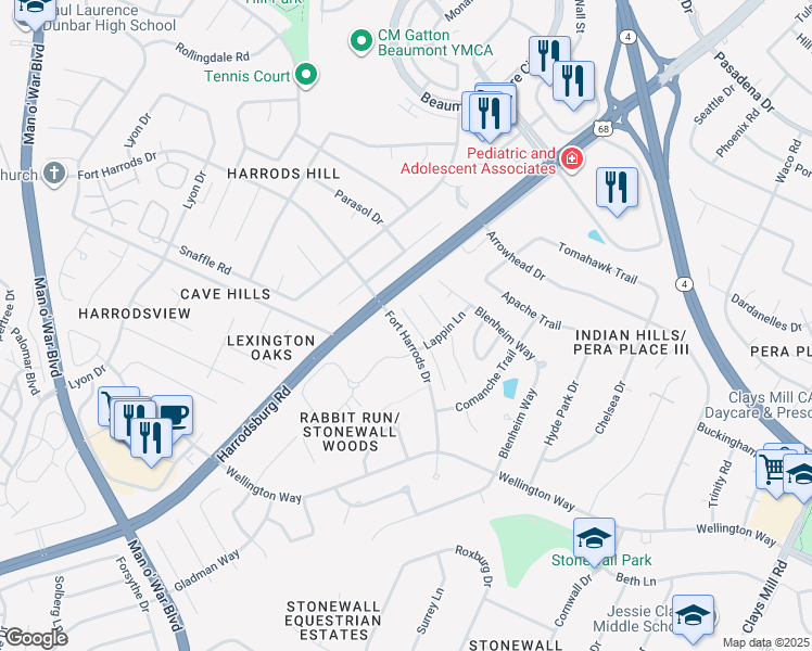map of restaurants, bars, coffee shops, grocery stores, and more near 1992 Fort Harrods Drive in Lexington