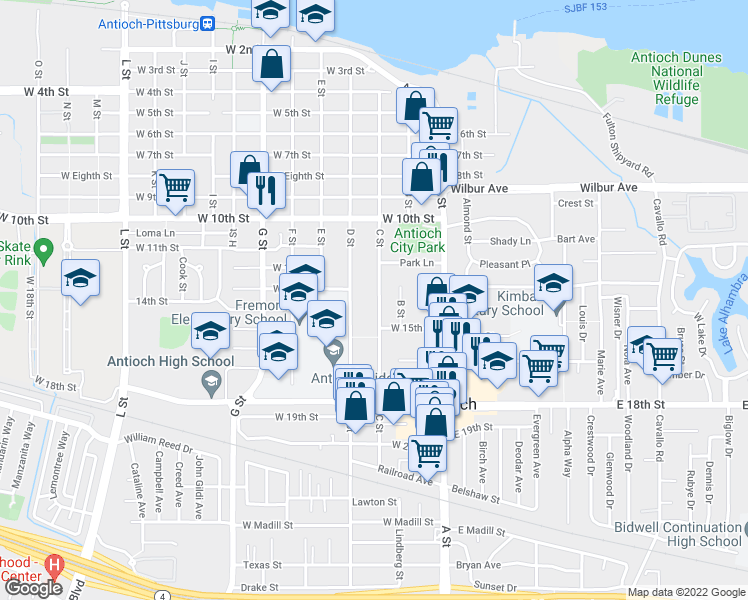 map of restaurants, bars, coffee shops, grocery stores, and more near 1308 C Street in Antioch