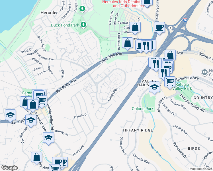 map of restaurants, bars, coffee shops, grocery stores, and more near 162 S Wildwood in Hercules