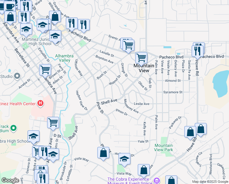 map of restaurants, bars, coffee shops, grocery stores, and more near 2307 Pomona Avenue in Martinez