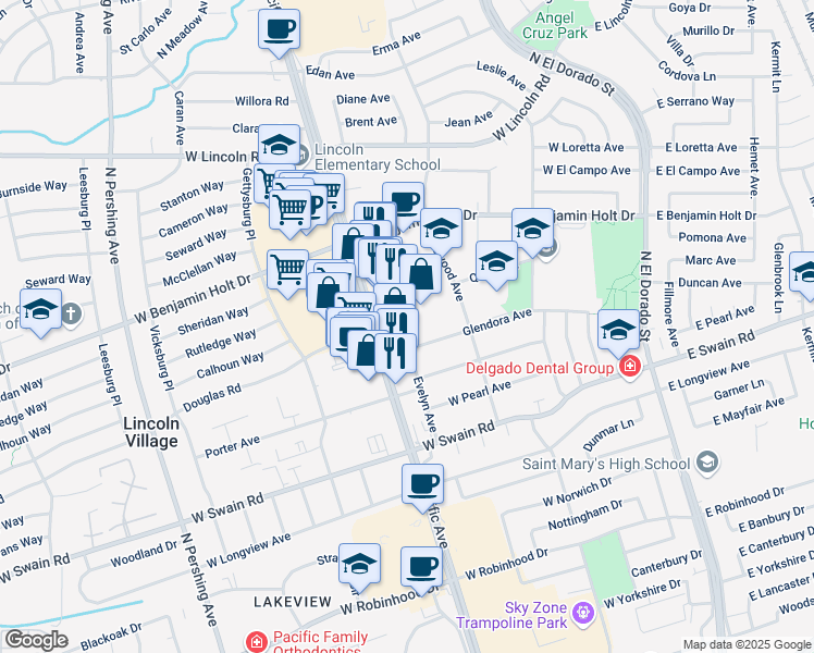 map of restaurants, bars, coffee shops, grocery stores, and more near 6360 Evelyn Avenue in Stockton