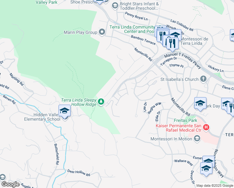 map of restaurants, bars, coffee shops, grocery stores, and more near 205 Danielle Way in San Rafael