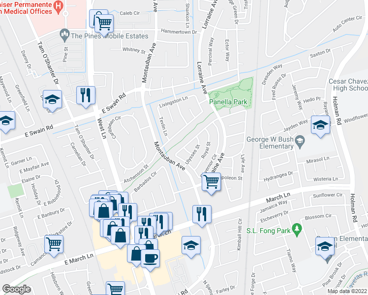 map of restaurants, bars, coffee shops, grocery stores, and more near 5599 Zaca Lane in Stockton