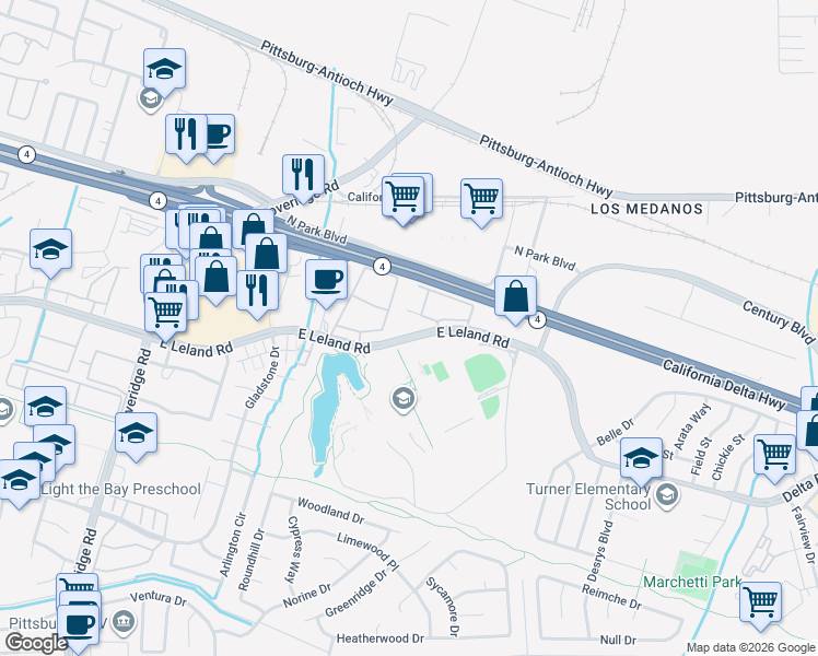 map of restaurants, bars, coffee shops, grocery stores, and more near 1255 Lakeview Circle in Pittsburg