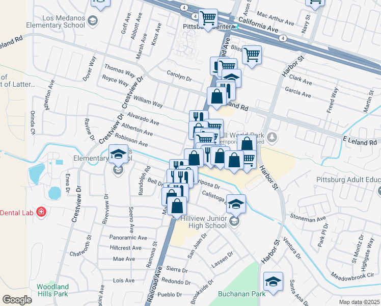 map of restaurants, bars, coffee shops, grocery stores, and more near 3006 Railroad Avenue in Pittsburg