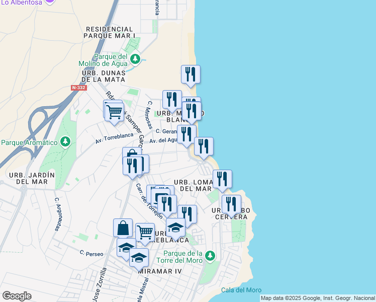 map of restaurants, bars, coffee shops, grocery stores, and more near 16 Avenida del Agua in Torrevieja