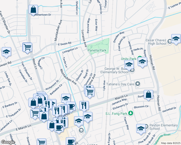 map of restaurants, bars, coffee shops, grocery stores, and more near 5536 Governor Circle in Stockton